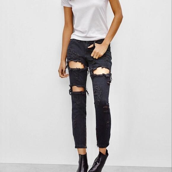 One Teaspoon | NWT Trashed FreeBirds Low Waist Black Distressed Zipper Jeans - Picture 2 of 14